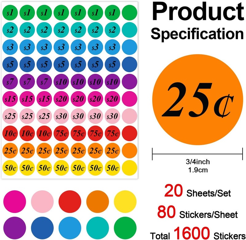 Misofuki Garage Sale Price Stickers Pre-priced 1600 Pcs 3/4 Inch for Flea Markets, County Fairs & Retail, 10 Colors Round Pre-Printed Yard Sale Price Stickers, Strong Adhesive Circle Pricemarker Label - Image 2